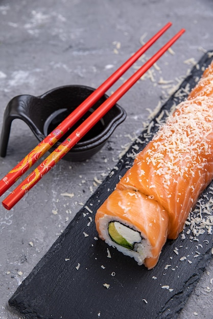 Delicious sushi, rolls with salmon. Japanese cuisine