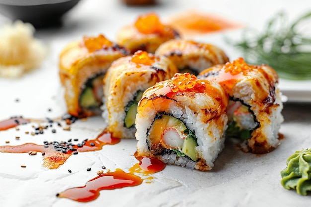 Photo delicious sushi rolls with savory toppings and sauce