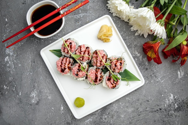 Delicious sushi, rolls with tuna. Japanese cuisine