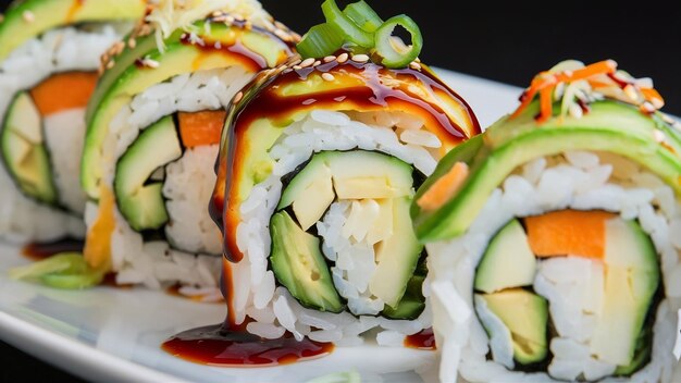 Delicious sushi rolls with veggies and rice