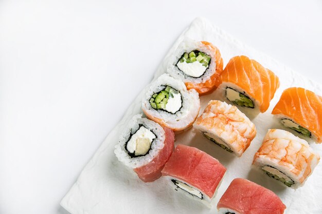 Delicious sushi, a set of rolls with tuna, salmon. Japanese cuisine