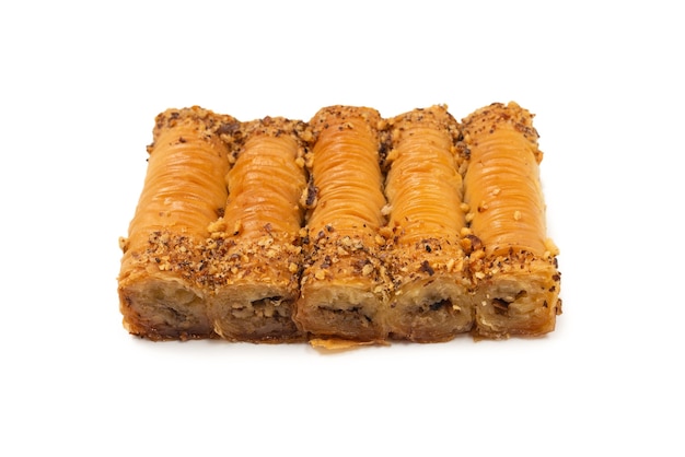 Delicious sweet baklava isolated on white surface. Top view.