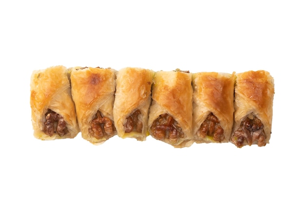 Delicious sweet baklava with walnuts isolated on white background