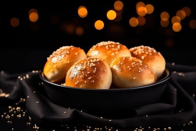 Delicious sweet buns in bowl and decor on table against black background with blurred lights