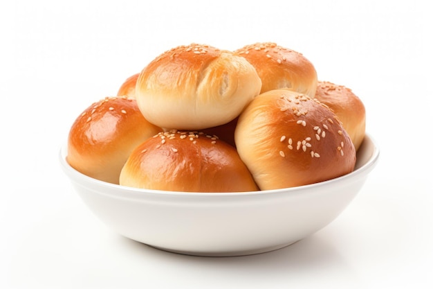 Delicious sweet buns in bowl isolated on white background