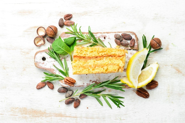 Delicious sweet cake with lemon and zest Top view Free space for your text