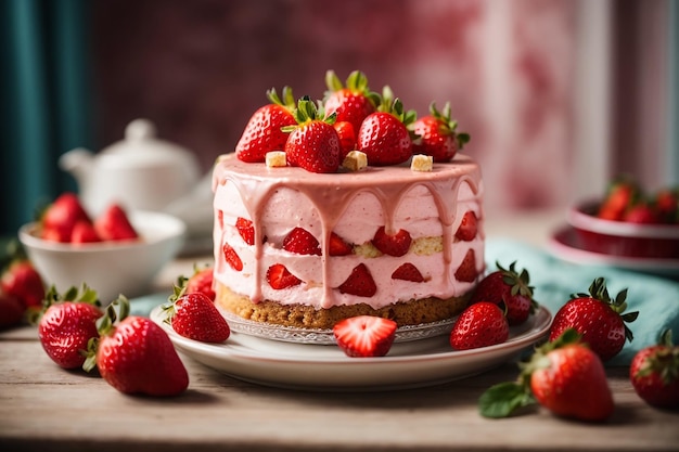 Delicious and sweet cake with strawberries and baiser on a plate