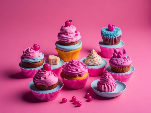 Delicious and sweet cupcake desserts with pink background