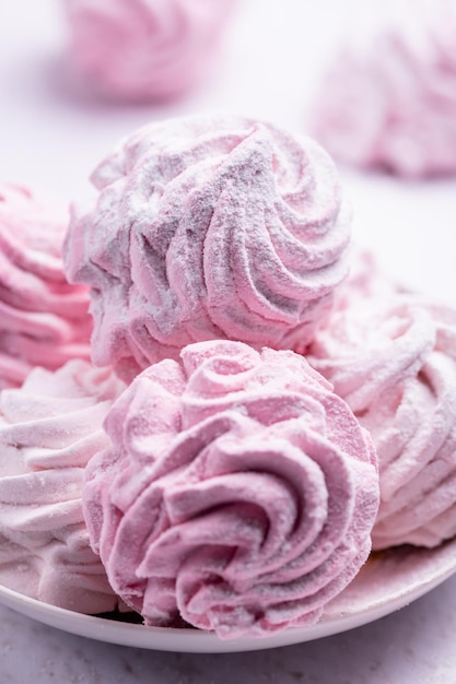 Delicious sweet dessert pink marshmallow closeup