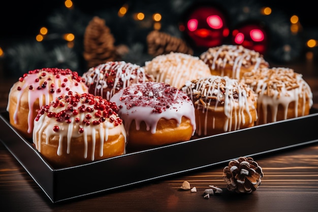 Delicious sweet glazed donuts with cream topping nuts and wafer crumbs New Year's Eve sweet dessert