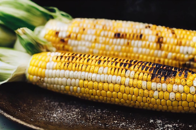 Delicious sweet grilled corn in green leaves for vegetarian snack