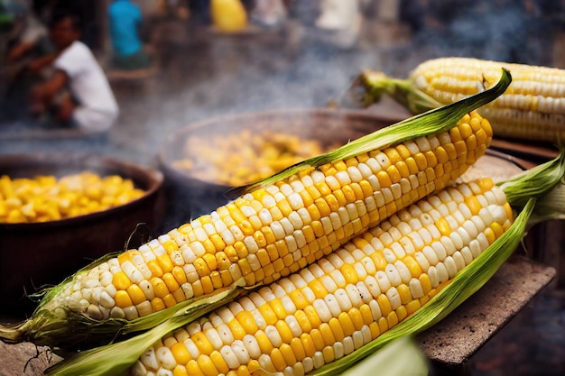 Delicious sweet grilled corn in green leaves for vegetarian snack