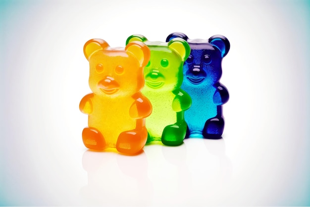 Photo delicious and sweet gummy bears in different colors on white background