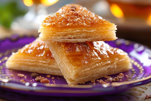 Delicious sweet triangle pastry on a purple plate