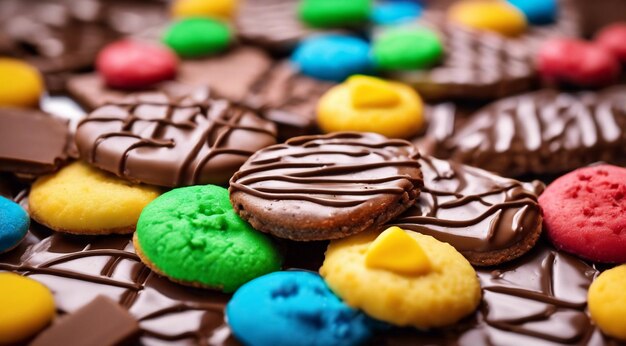 Photo delicious sweets on abstract background sweets chocoltae donuts sweet colored biscuits