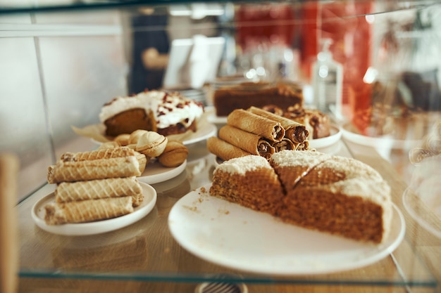 Delicious sweets. Bakery and restaurant deserts.