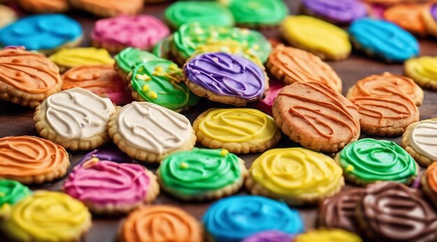 Фото Вкусные сладости на абстрактном фоне сладости шоколадные пончики сладкие цветные печенье