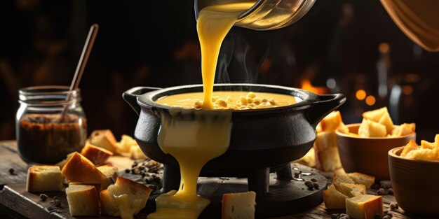 Photo delicious swiss cheese fondue a gourmet tradition melting pot of tasty swiss cuisine in a cozy restaurant with warm bread and wine closeup on a fondue burner