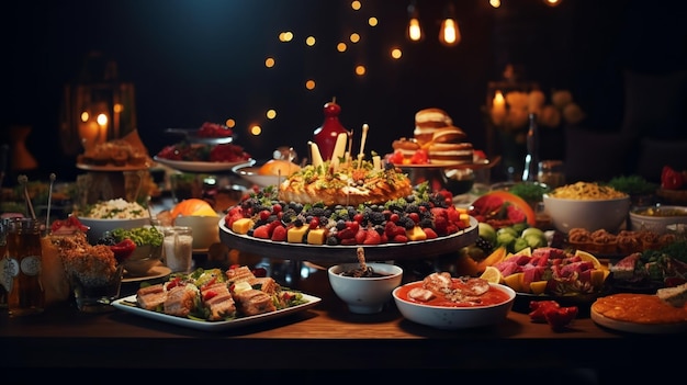 맛있는 음식의 넓은 확산과 함께 맛있는 테이블 Ai는 예술을 생성