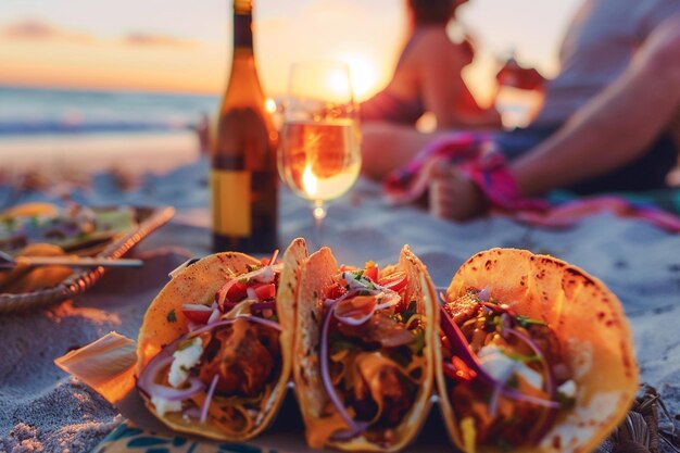 Foto un delizioso taco sulla spiaggia, un picnic di cibo messicano per amici felici in vacanza.