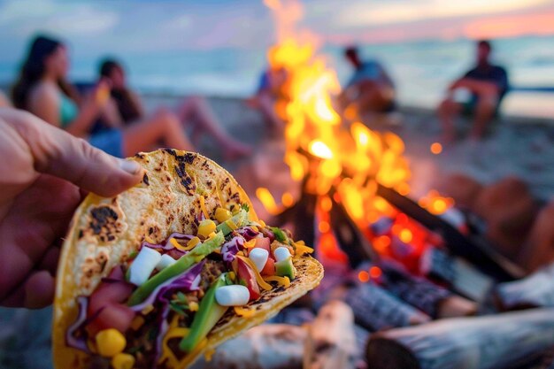 Foto un delizioso taco sulla spiaggia, un picnic di cibo messicano per amici felici in vacanza.