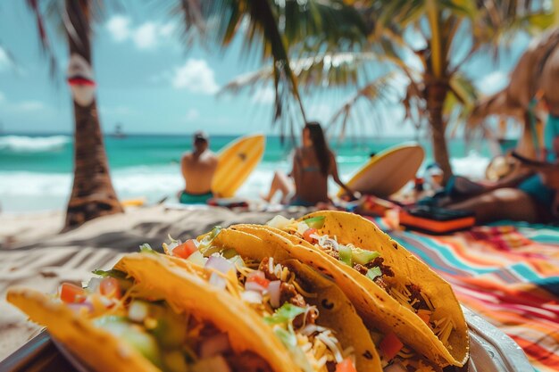 Foto un delizioso taco sulla spiaggia, un picnic di cibo messicano per amici felici in vacanza.