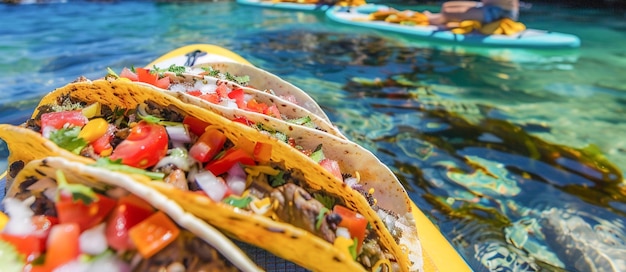 Вкусное тако, разложенное на доске SUP, мексиканская еда для обеда на открытом воздухе на пляже