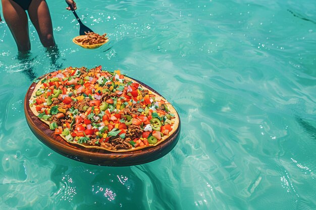 Photo a delicious taco spread on a standup paddle sup board mexican food for outdoor lunch on the beach