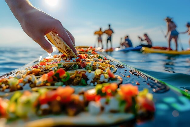 Foto un delizioso taco diffuso su una tavola sup a paddle in piedi cibo messicano per pranzo all'aperto sulla spiaggia