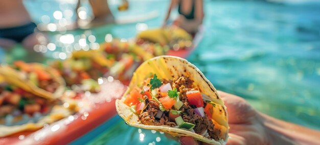 Foto un delizioso taco diffuso su una tavola sup a paddle in piedi cibo messicano per pranzo all'aperto sulla spiaggia