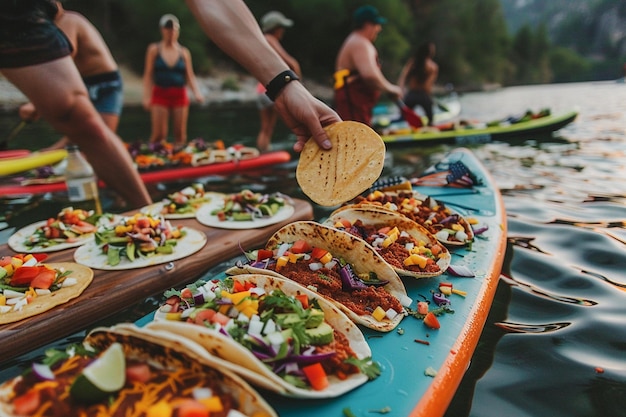 Foto un delizioso taco diffuso su una tavola sup a paddle in piedi cibo messicano per pranzo all'aperto sulla spiaggia