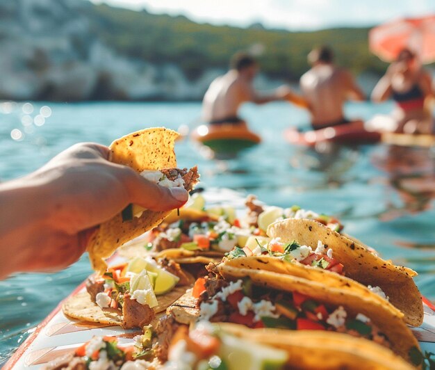 Foto un delizioso taco diffuso su una tavola sup a paddle in piedi cibo messicano per pranzo all'aperto sulla spiaggia