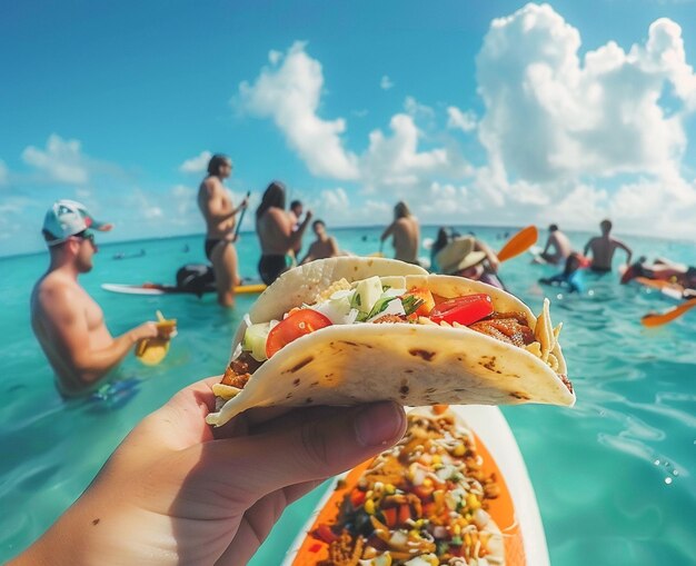 Foto un delizioso taco diffuso su una tavola sup a paddle in piedi cibo messicano per pranzo all'aperto sulla spiaggia