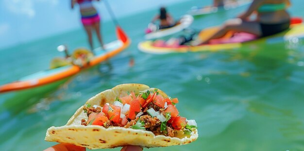 Foto un delizioso taco diffuso su una tavola sup a paddle in piedi cibo messicano per pranzo all'aperto sulla spiaggia