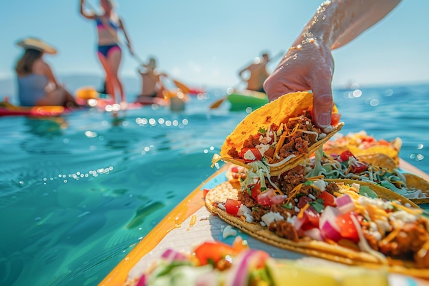 Foto un delizioso taco diffuso su una tavola sup a paddle in piedi cibo messicano per pranzo all'aperto sulla spiaggia