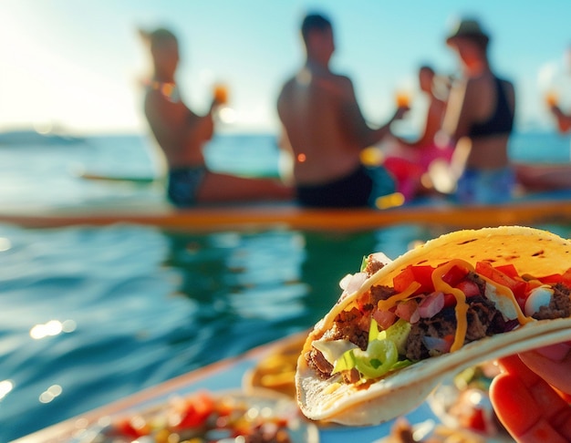 Foto un delizioso taco diffuso su una tavola sup a paddle in piedi cibo messicano per pranzo all'aperto sulla spiaggia