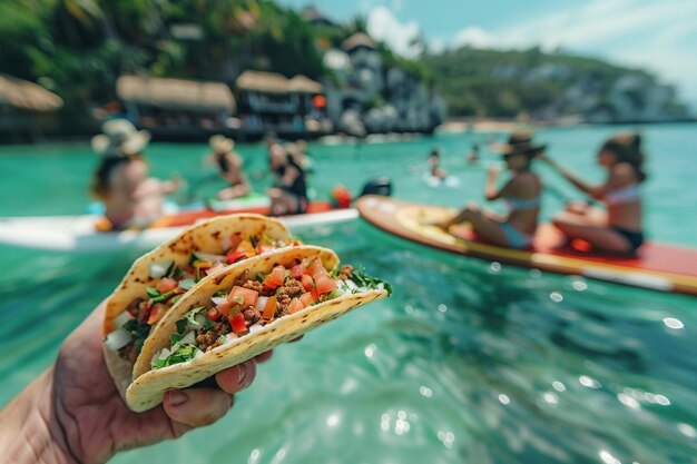 Foto un delizioso taco diffuso su una tavola sup a paddle in piedi cibo messicano per pranzo all'aperto sulla spiaggia