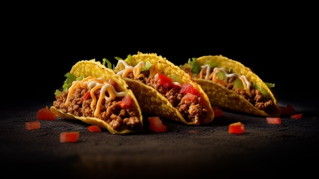 Photo delicious taco on a wooden board with black background