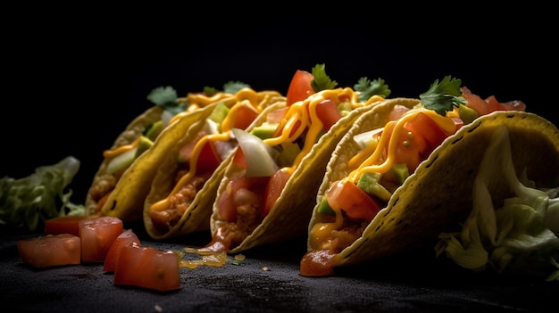 Delicious taco on a wooden board with black background