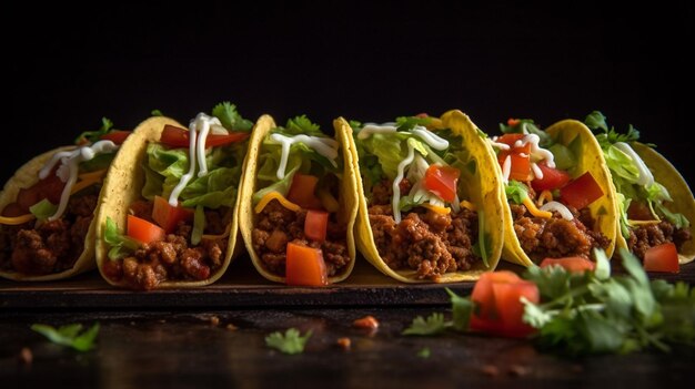 Delicious taco on a wooden board with black background