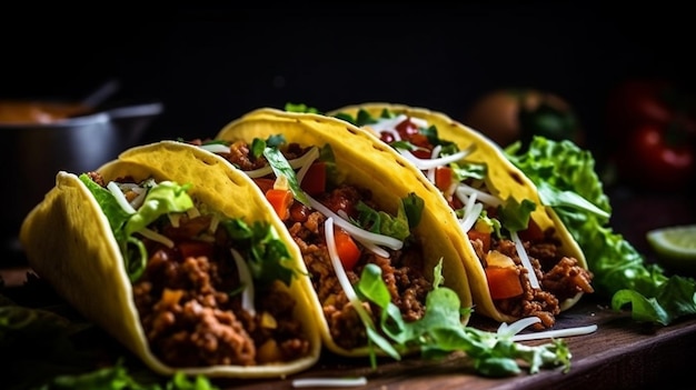 Delicious taco on a wooden board with black background