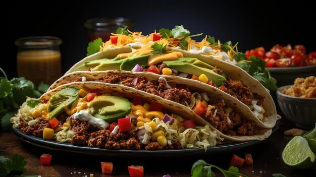 Delicious tacos filled with vegetables and meat on a plate with a blur background