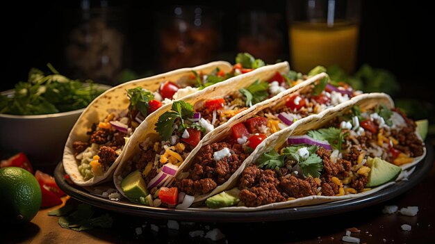 Delicious tacos filled with vegetables and meat on a plate with a blur background