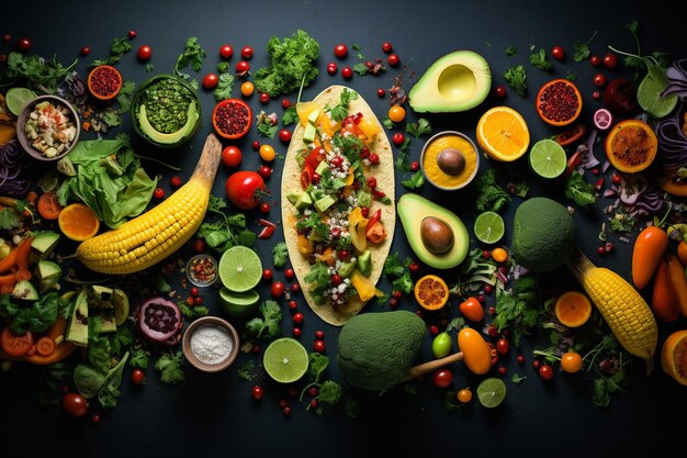 Delicious tacos and fruits top view