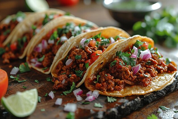 Delicious tacos on table