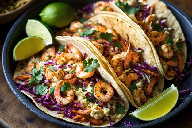 Delicious tacos with spicy shrimp cilantro slaw and lime