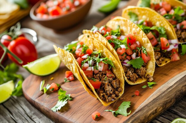 Delicious tacos on wooden board high angle