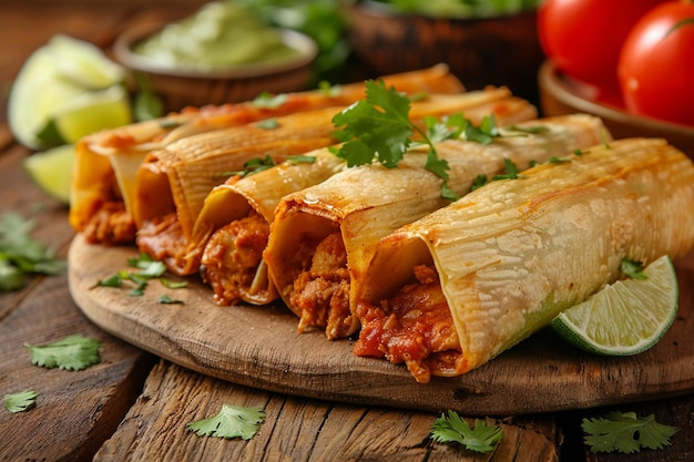 Photo delicious tamales with green sauce and lime garnish