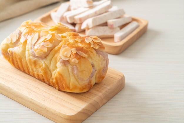 delicious taro toast bread on wood board