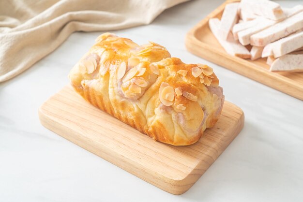 delicious taro toast bread on wood board